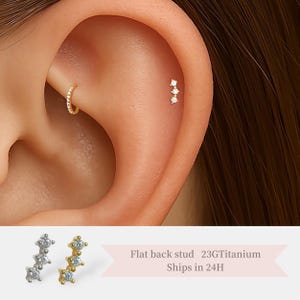 Flat Back CZ Trio Stud – Threadless Titanium Earring • Dainty Crystal Piercing for Helix, Tragus, Cartilage