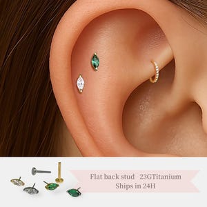 Stud Earring • Threadless G23 Titanium Flat Back – Minimal Gem Cartilage Stud for Helix, Tragus, Conch, Lobe Piercing • Hypoallergenic 23G