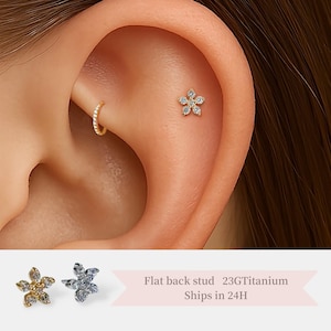 Flower CZ Stud Push Pin Labret • 20G/18G/16G Threadless Flat Back Earring • Helix • Tragus • Cartilage • Nose Piercing
