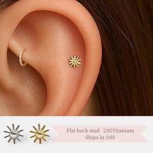 Gold Sun Charm Threadless Titanium Stud – Hypoallergenic Flat Back Earring for Cartilage, Helix, Tragus Piercings