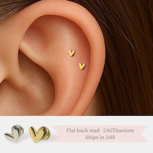 3D Puffy Heart Flat Back Stud – Threadless Titanium Cartilage Earring • Hypoallergenic Tragus, Lobe, Helix Piercing Jewelry