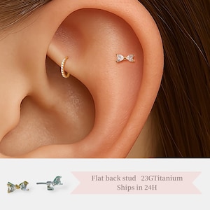 Bow CZ Stud Push Pin Labret • 20G/18G/16G Threadless Flat Back Earring • Cartilage • Tragus • Helix • Cute Nose Piercing