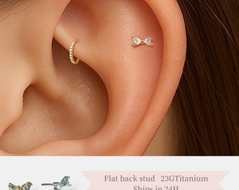 Piercing para labio con pasador de presión y lazo de circonita cúbica • Pendiente plano sin rosca de 20 g/18 g/16 g • Cartílago • Trago • Hélice • Piercing para nariz bonito