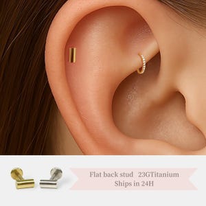 Flat Back Gold Bar Stud – Threadless Titanium Earring • Minimalist Flat Back for Helix, Tragus, Cartilage Piercings
