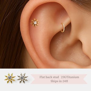 Sunburst Threadless Titanium Stud – Hypoallergenic Flat Back Earring for Cartilage, Helix, Tragus Piercings