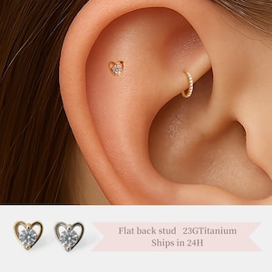 20G/18G/16G Heart CZ Push Pin Labret • Titanium • Threadless Flat Back Earring • Tragus Stud • Helix Stud • Cartilage Stud