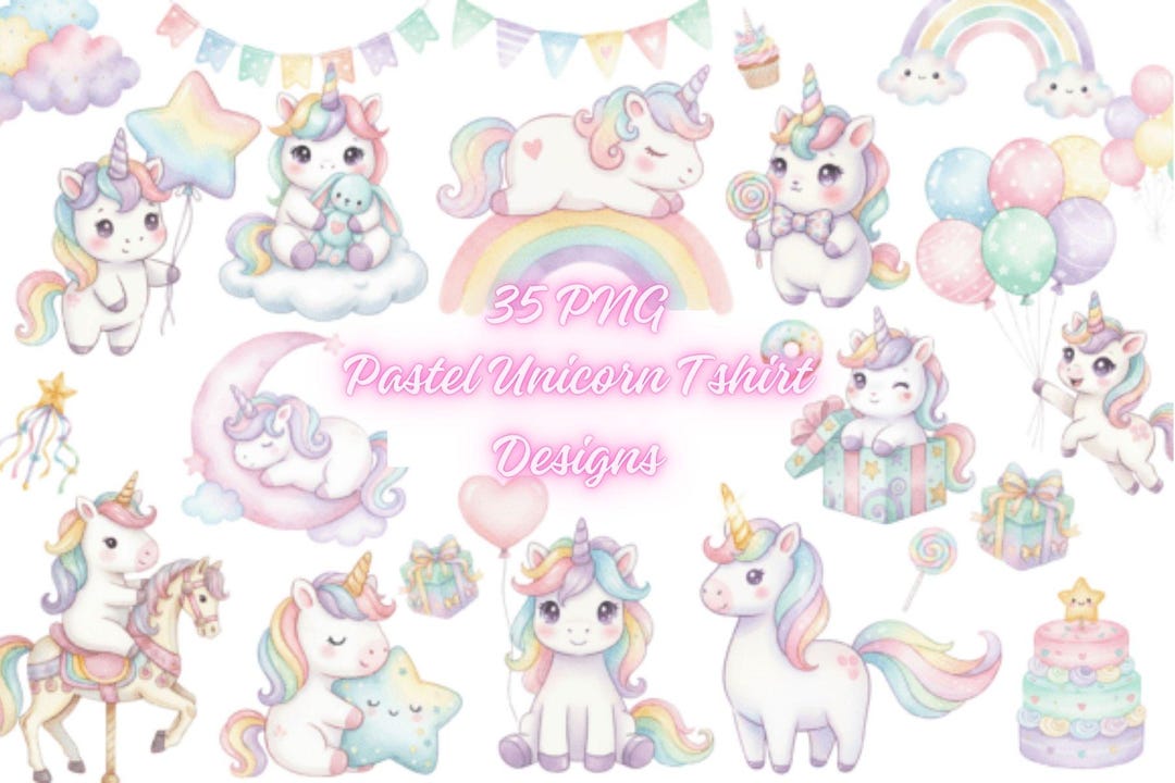 Cute Unicorn Clipart Bundle of 35 PNG | Kawaii Pastel Unicorn Graphics ...