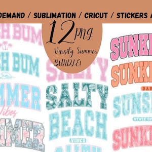May include: A set of 12 PNG files featuring summer-themed text designs. The designs include phrases such as "Beach Bum," "Summer Vibes," and "Sunkissed" in various colours and fonts, ideal for print-on-demand applications.