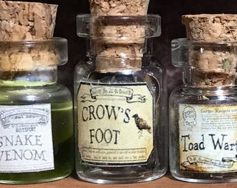 Dollhouse size Bottle of pretend CROW'S FOOT, miniature, witch's herbs and poisons, in a glass jar 1:12 1/12 1", under 1" tall, toy, play