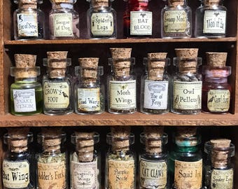 Dollhouse size, 20 Bottles of pretend Witch's herbs and poisons, set #2 of 4, dollhouse size, in glass jars 1:12 1/12 1", toy, play