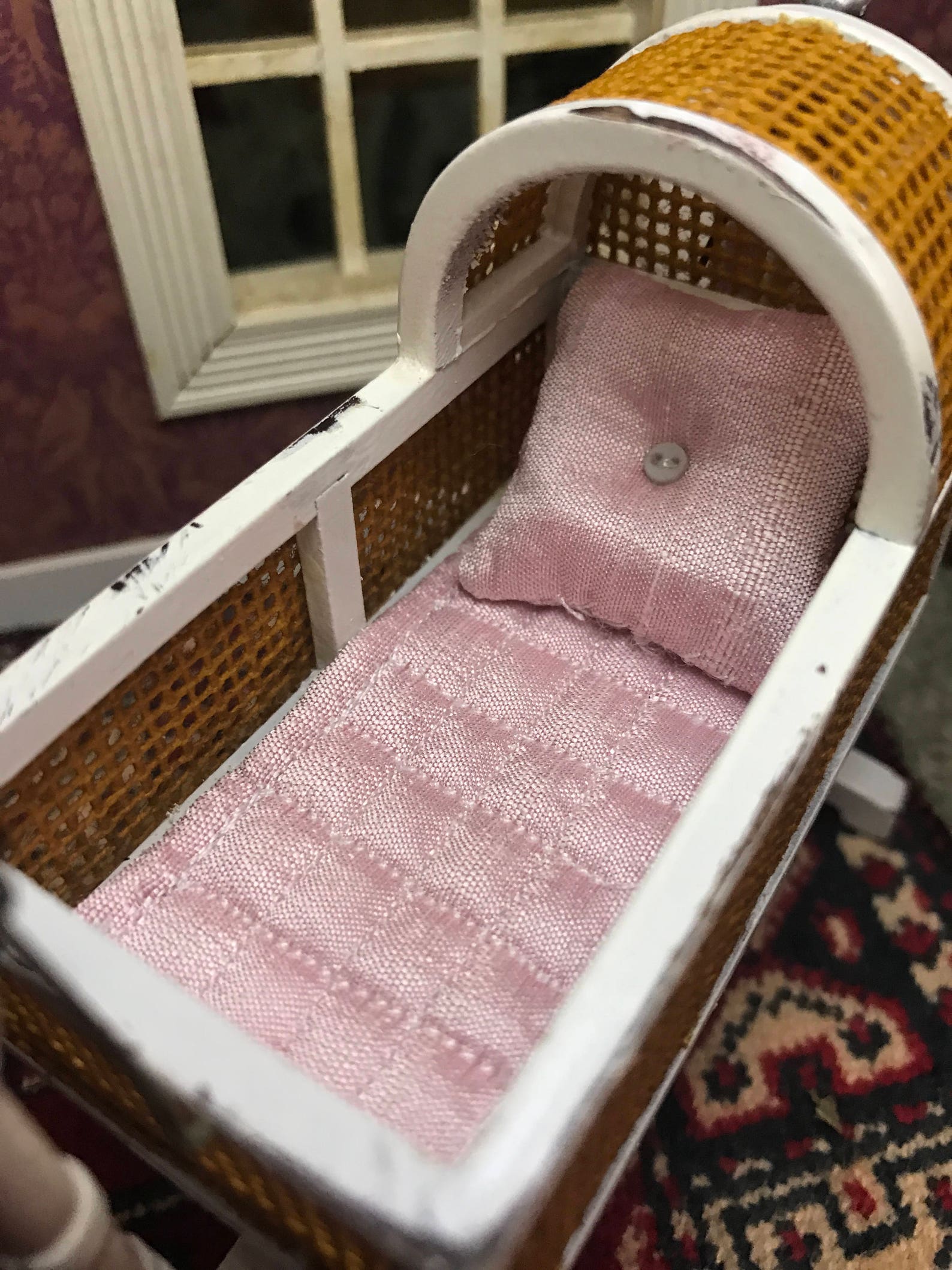 Dollhouse Victorian Baby Cradle Miniature Pink Silk Shabby Etsy