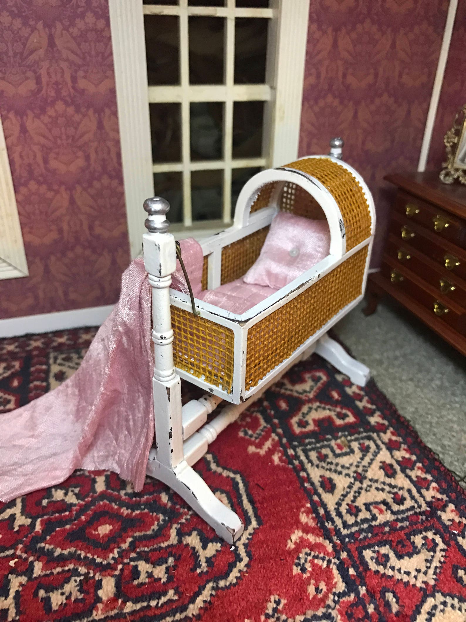 Dollhouse Victorian Baby Cradle Miniature Pink Silk Shabby Etsy