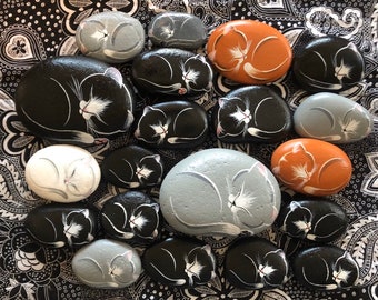 Hand painted sleepy kitty rock, black or gray sleeping cat