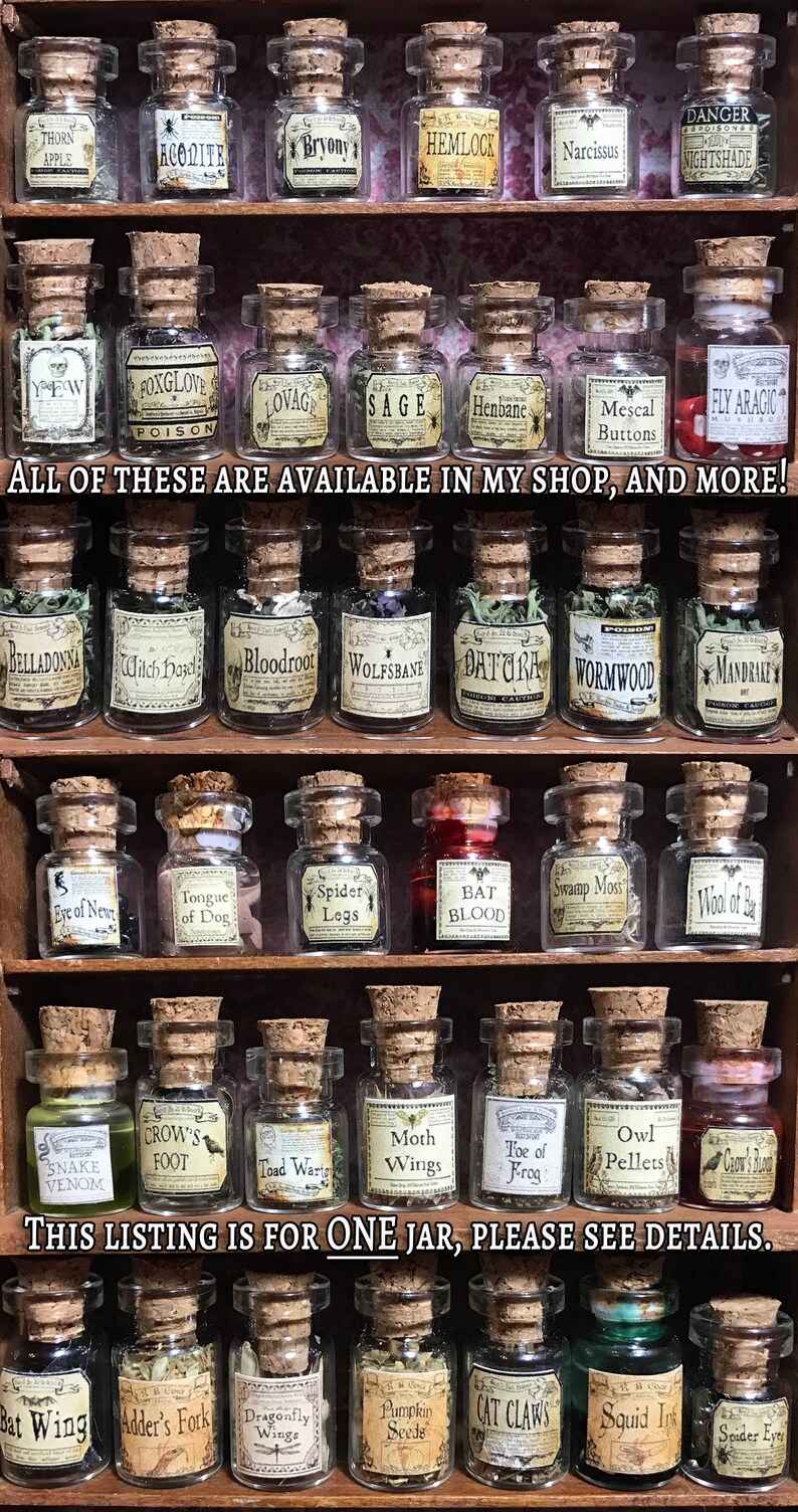 May include: A collection of small glass jars with cork stoppers, each labeled with a different ingredient, such as "Bat Wing" and "Spider Legs." The jars are arranged on wooden shelves. Text on the image reads "This listing is for one jar, please see details."