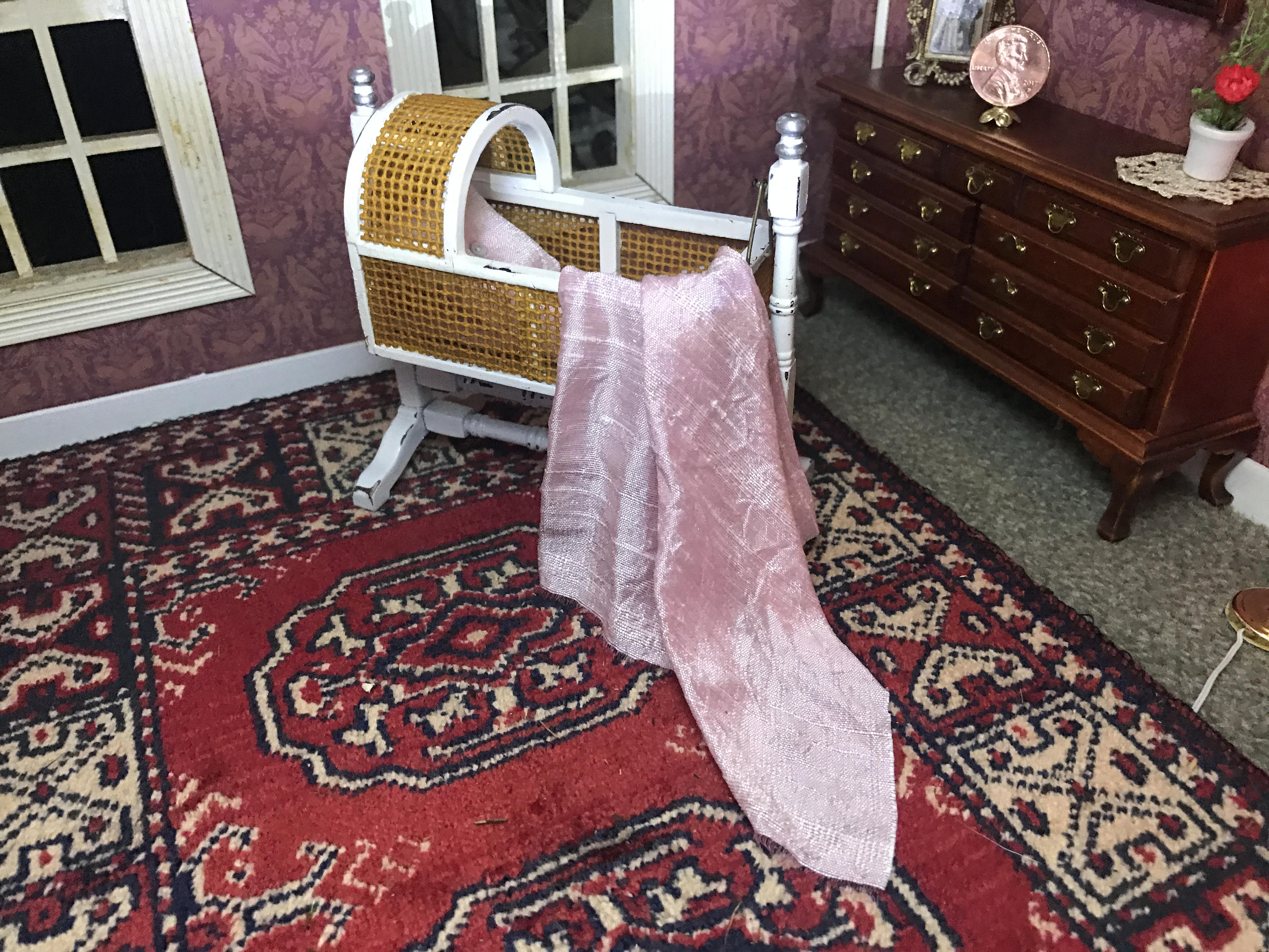 Dollhouse Victorian Baby Cradle Miniature Pink Silk Shabby Etsy