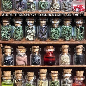 May include: A wooden shelf displays numerous small glass jars with cork stoppers, each filled with various dried herbs, flowers, and other natural elements. The text "ALL OF THESE ARE AVAILABLE IN MY SHOP, AND MORE!" and "THIS LISTING IS FOR ONE JAR, PLEASE SEE DETAILS." are visible.