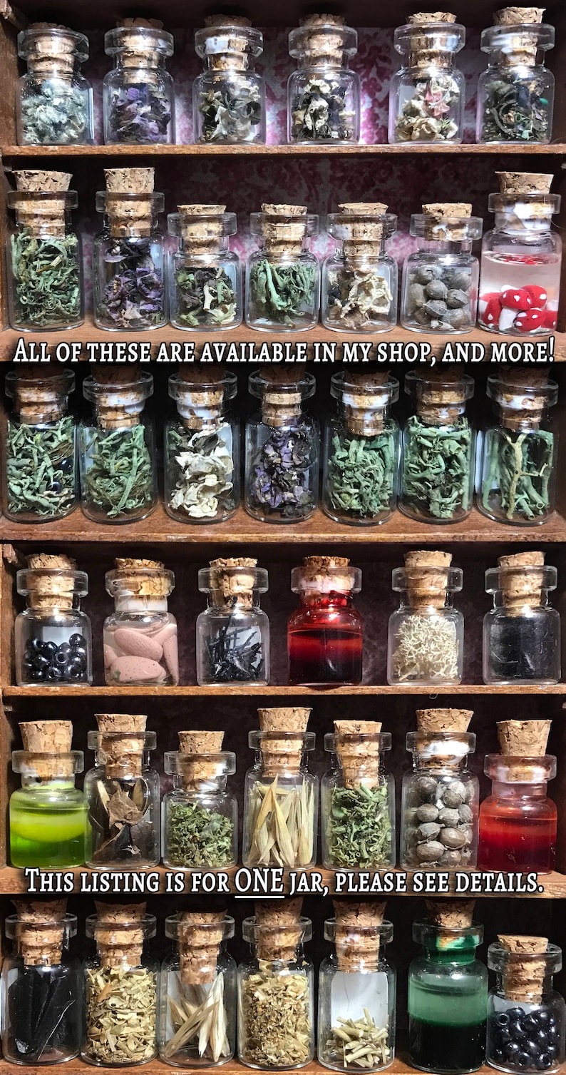 May include: A wooden shelf displays numerous small glass jars with cork stoppers, each filled with various dried herbs, flowers, and other natural elements. The text "ALL OF THESE ARE AVAILABLE IN MY SHOP, AND MORE!" and "THIS LISTING IS FOR ONE JAR, PLEASE SEE DETAILS." are visible.