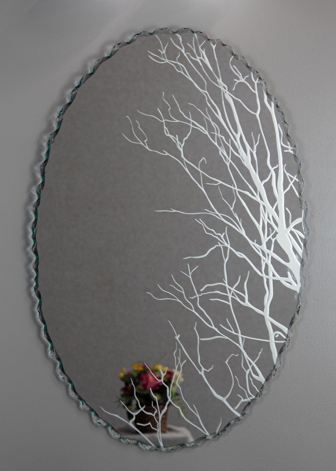 Back Chipped Frameless Mirror Etched Tree Design Etsy UK
