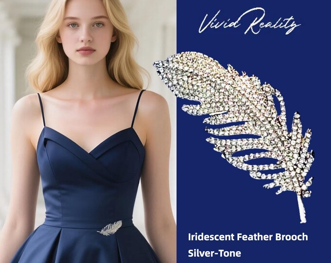 Featured listing image: Iridescent Feather Brooch - Silver-Tone Pin for Dresses & Coats, Prom Dress Brooch