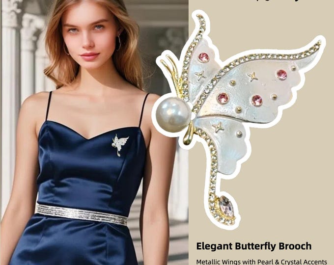 Featured listing image: Elegant Butterfly Brooch - Metallic Wings with Pearl & Crystal Accents, Prom Dress Accessories