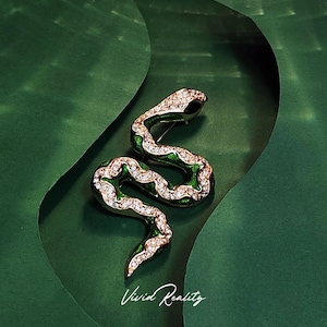 Vintage Brass Snake Brooch with Emerald & Gems