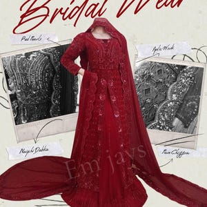 Hand-Embroidered Pakistani Bridal Dress: Wine Red Chiffon Wedding Wear