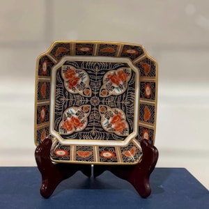 Vintage Shogun Trinket Bowl Japan | Square Ceramic Dish | Imari Style Black Red Gold | Floral Vanity Tray | Mid Century Decor