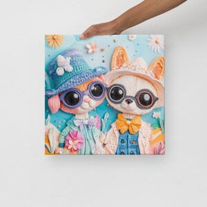Thin canvas,poster,whimsical kawaii style, cartoon pets, gift for mothers day,pets lover,dog mom,cat mom