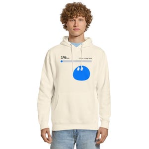 May include: A cream-colored hooded sweatshirt featuring a graphic print on the chest. The design includes a progress bar with the text 1% left and 5 hour usage limit, accompanied by a solid blue circular shape with two small white rectangles inside.