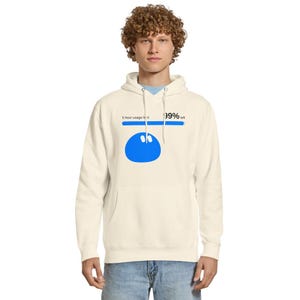 May include: A cream-colored hooded sweatshirt featuring a graphic print on the chest. The design includes a blue progress bar, the text "5 hour usage limit" and "99% left", and a solid blue circular shape with two white oval cutouts.