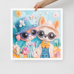 Framed poster,whimsical kawaii style, cartoon pets, gift for mothers day,pets lover,dog mom,cat mom
