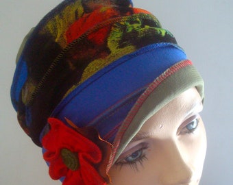 chemo hat all season hats for hair loss  Cobalt blue red and khaki soft comfortable light hat with red flower