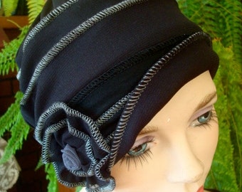 Womens Summer Chemo Hat Beanie Headcover Flapper Black grey chemo headcover flapper cloche Bohemian Gypsy