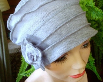 Womens Chemo Hat Chemo Headwear soft Flapper light grey Chemotherapy Alopecia Beanie with Flower
