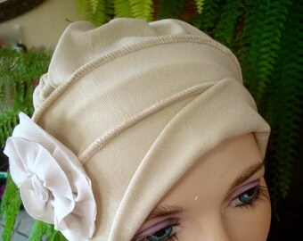 womens bathing cap cream slouchy lycra Hat with  flower Chemo Headwear for women