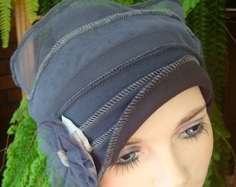 Womens Chemo Hat Chemo Headwear soft Flapper grey Chemotherapy Alopecia Beanie with Flower