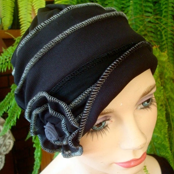 Frauen Sommer Chemo Mütze, Beanie Kopfbedeckung Flapper Schwarz grau, Chemo Kopfbedeckung Flapper Cloche Boho Gypsy