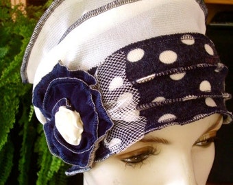 Womens hat womens chemo hat winter Hat soft hat Flapper hat Chemo headwear navy spot chemo turban chemo headscarf chemo gift