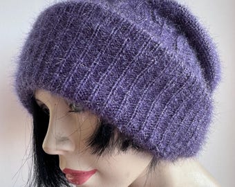Womens Purple Stretch Velvet Hat, Slounchy Beanie Hat, Soft Hat Elegant Stretch Velvet Slouchy Beanie Hat for Women – Boston  main image 2