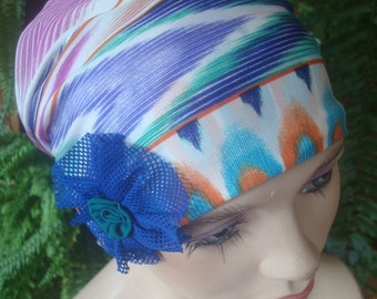 womens bathing cap white purple turquoise slouchy lycra Hat with  flower Chemo swim cap