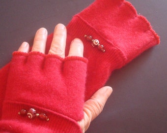 Womens Woollen Fingerless Gloves Red  arrmwarmers mittens ooak
