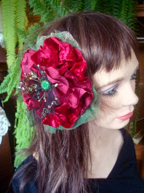 Handmade Fabric Flower red  Belly dance pure velvet satin Flower Clip headband comb Extra Large handmade Rose