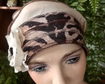 Womens soft hat chemo hat brown and cream hat slouchy hat