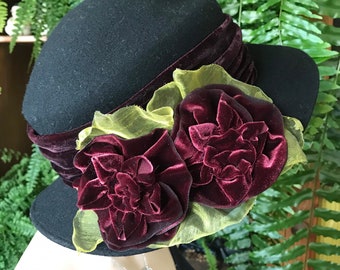 Womens black hat black hat with velvet flowers panama hat black felt hat