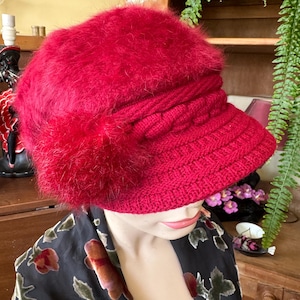 Vintage Y2K Red Fuzzy angora cadet cabbie new boy Cap with knit Bow and bill Unique Vintage | Accessories | Vintage 0 Leather  main image 2