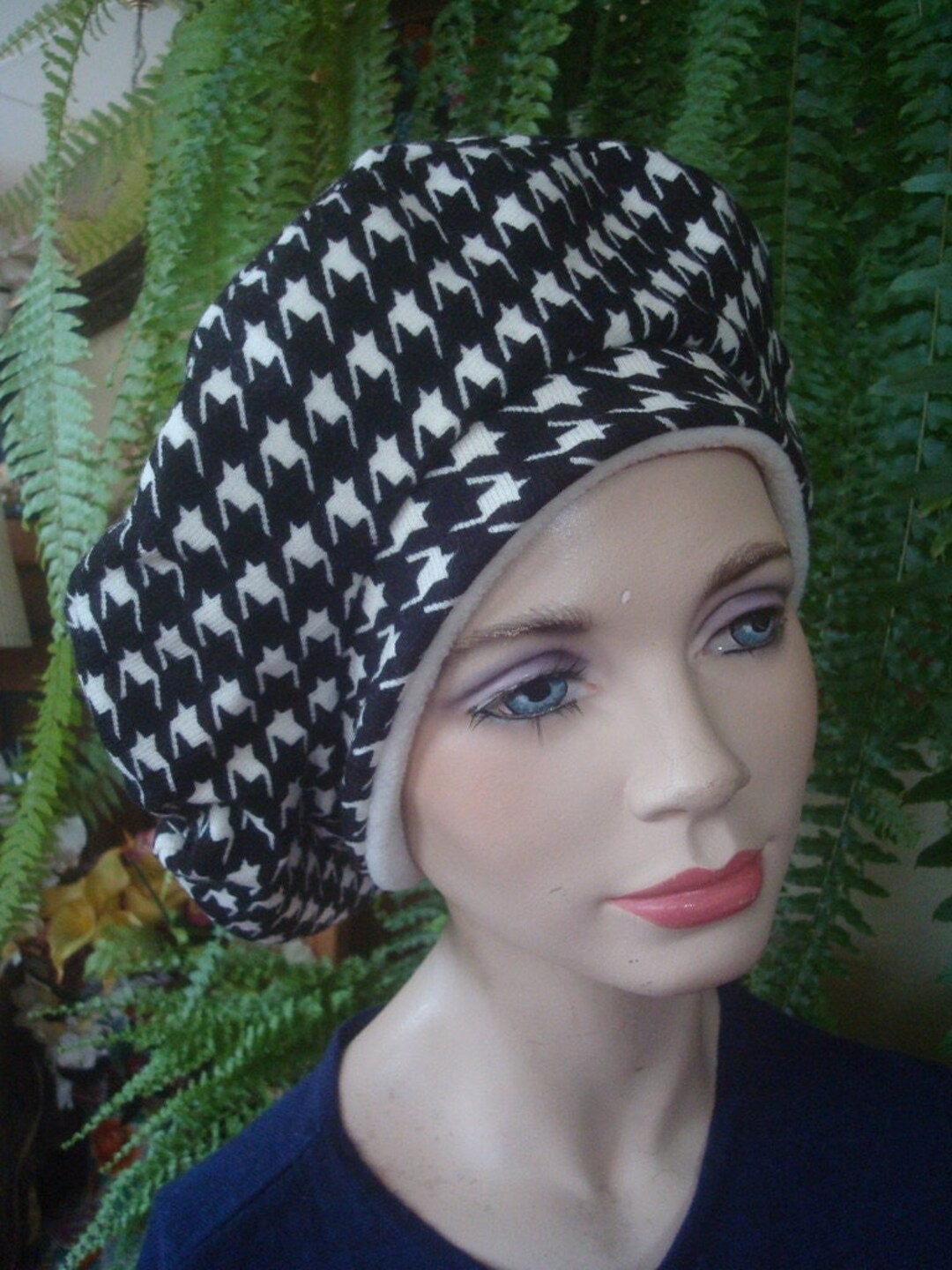 Womens Beret Womens Hats Black and Cream Houndstooth Hat Reversible Hat