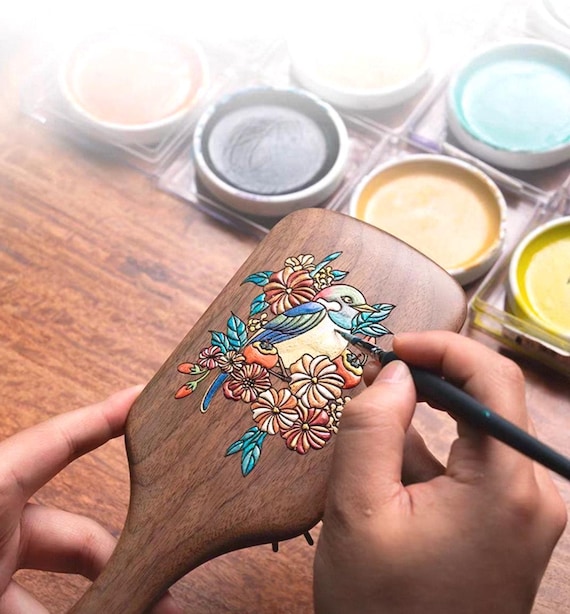 Hand-painted Solid Walnut Hairbrush Wood Bristles & Air Cushion