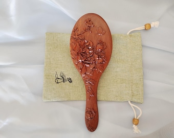 Handcrafted Golden Sandalwood Hair Brush Bamboo Bristles & Air Cushion Flower Design Tree Peony Whole Wood Oval Scalp Massage All Hair Types