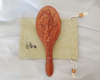 Handcrafted Golden Sandalwood Hair Brush Bamboo Bristles & Air Cushion Lotus Flower Design Whole Wood Oval Scalp Massage Comb All Hair Types