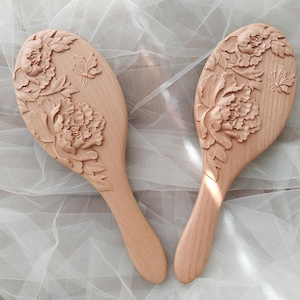 Handgefertigte Buchenholz Haarbürste Bambusborsten & Luftkissen Blumen Design Doppel-Pfingstrose Ganzholz Oval Kopfhaut Massage Kamm Alle Haartypen